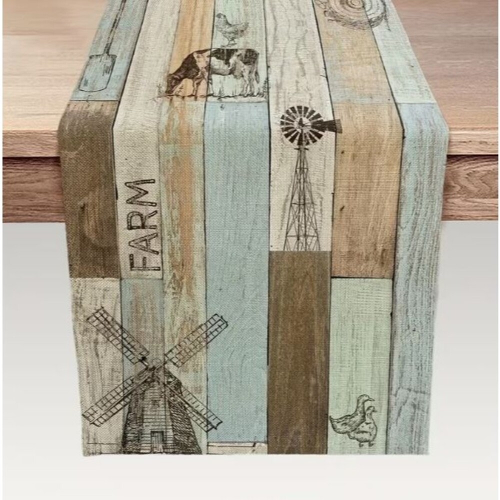 Table Runner 13x72in Woven Polyester Rustic Farmhouse Striped Farm Cow